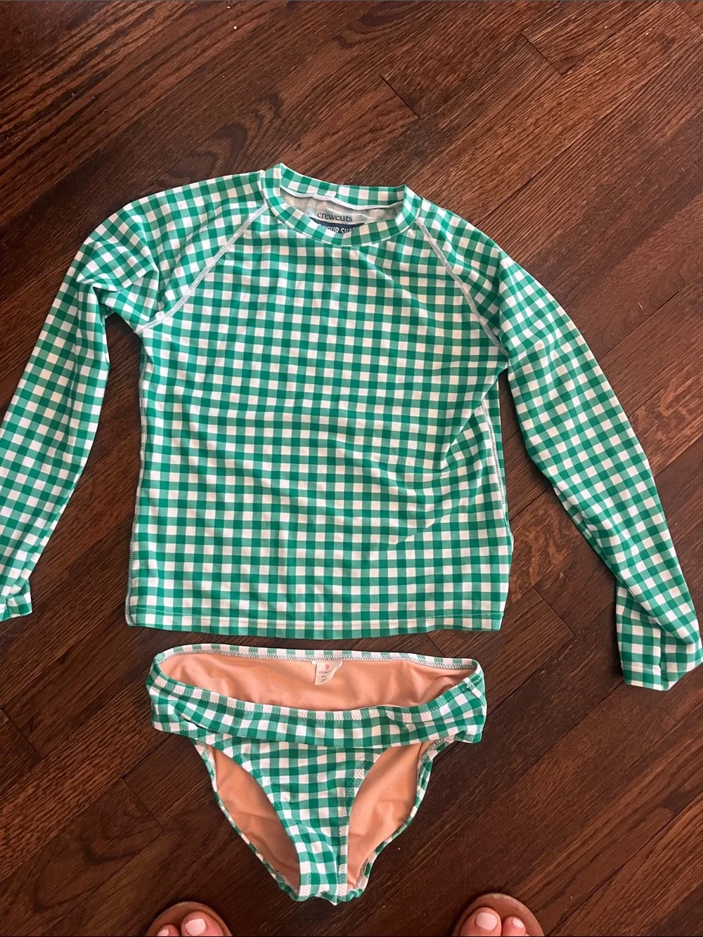 Crewcuts Green and White Gingham Girls' Rashguard Set size 10